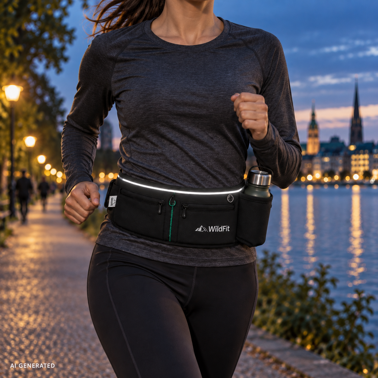 Läuferin mit reflektierendem WildFit Runner's Belt an der Hamburger Alster